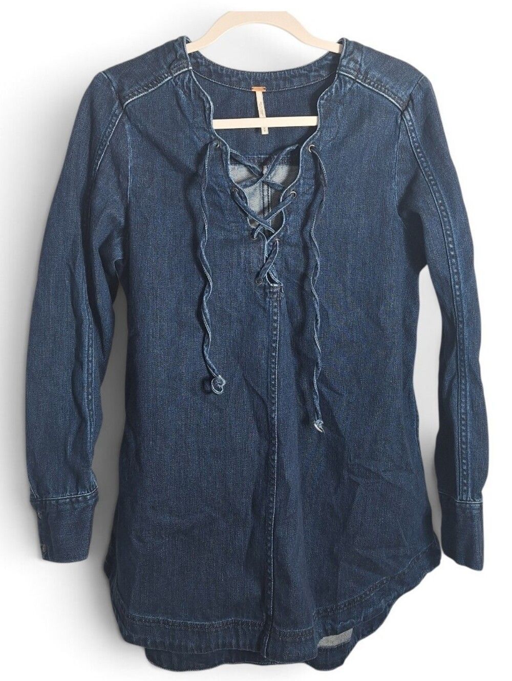 Free People Denim Tunic Top or Mini Dress Lace Up Boho Medium Womens